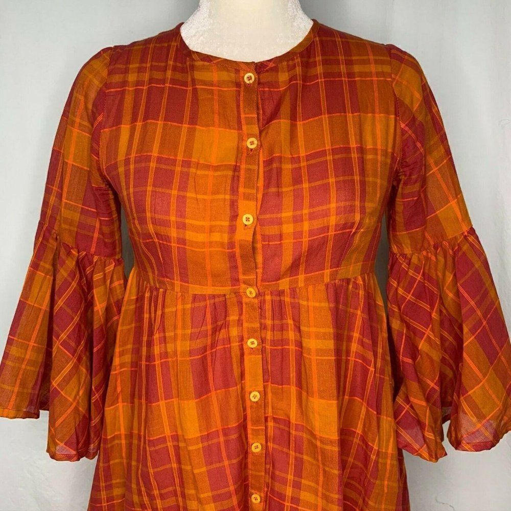 Emberley Downeast Jessica Dress XS Orange Pink Plaid Button Front Bell Sleeves - Picture 1 of 6